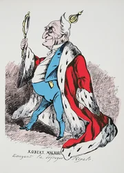 Robert Macaire - Trying on the Royal Disfrock, fra Histoire de la Troisieme Republique, Vol. I, Politisk historie, pub.1933 (farve litho)