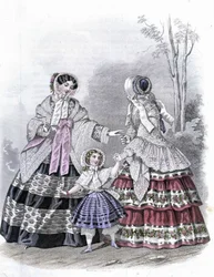2 moderigtige kvinder med en pige på gåtur - i "Journal des Demoiselles"" 1852.