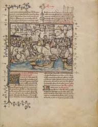 Et slag fra den trojanske krig, ca. 1390-1400 (tempera, vaske og bladguld på pergament)