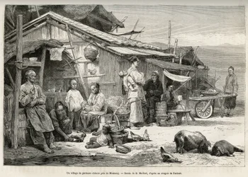 En kinesisk fiskerby nær Monterey, Californien, vidnede om det vigtige kinesiske samfund, der var etableret på Stillehavskysten i USA. Gravering efter D.Maillards tegning, for at illustrere historien La conquete blanche, af William Hepworth