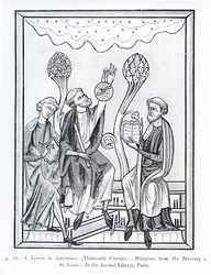 A Lesson in Astronomy, fra Breviary of St. Louis, illustration fra Science and Literature in the Middle Age and the Renaissance, skrevet og indgraveret af Paul Lacroix, 1878 (bw foto