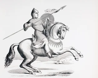 En normannisk ridder klædt i ringbrynje og hjelm med spyd og skjold, 1873
