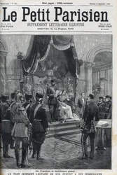 Et forslag om generel nedrustning (fremsat til de europæiske magter) - Tsar Nicholas II (1868-1918) læser sin reskription for sine rådgivere. Le Petit Parisien