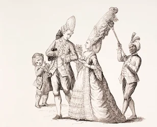 En satire over kvinders ekstreme frisurer i det 18. århundredes Paris, 1875