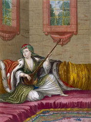 En tyrkisk pige, der spiller Tehegour, ca. 1708