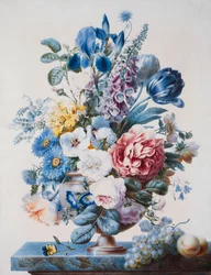 A Vase of Flowers on a Ledge with Grapes and Peaches, dani