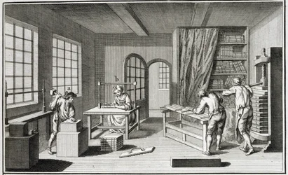 Et bookmakerværksted fra Encyclopedie des Sciences et Metiers af Denis Diderot (1713-84) udgivet ca. 1770