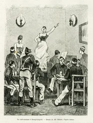 En cafe synger i Bourg Leopold. Gravering af A.Hubert til illustration af historien La Belgique, af Camille Lemonnier, i le tour du monde 1886, instrueret af Edouard Charton (1807-1890), Hachette, Paris.