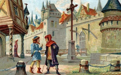 En by i middelalderen. Kromolitografi i slutningen af det 19. århundrede.