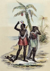Et par og et spædbarn på en strand; illustration af Marquesasøerne i »De tolv nationer« af M. E. Fouinet