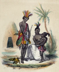 En familie af canadiske indianere foran deres tipier; illustration af Canada i »De tolv nationer« af M. E. Fouinet