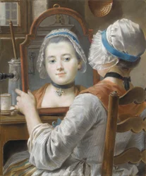 En pige iført motorhjelm og ser sig selv i et spejl med en chocolatier og en kop på bordet, ca. 1750