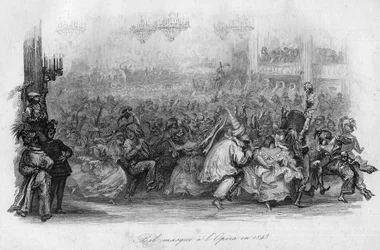 Et maskebal i Paris Opera i 1843. ("Le carnival"" sang af Marc-Antoine Madeleine Desaugiers) i "" - CHANS et CHANS POPULES DE LA FRANCE - 1843 - H.- L. DELLOYE, udgiver, LIBRAIRIE DE GARNIER.