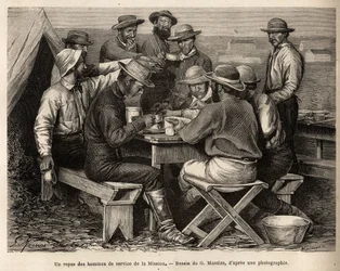 Et måltid for tjenestemændene på ekspeditionen i 1872 på lejrpladsen før den første rekognoscering i felten, stukket efter en tegning af G. Massias, som illustrerer en række geografiske ekspeditioner gennem USA