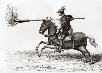 En middelalderridder med en ildlanse eller ildspyd, et af de første krudtvåben i verden, fra Les Merveilles de la Science, udgivet ca. 1870 (gravering)