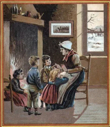En mor fortæller historier til sine børn ved bålet. Omslaget til bogen "" Les tales du foyer pour les petits""". Anonym gravering af det 19. århundrede.