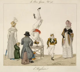 En performer stående på hovedet og balancerer på et glas, tallerken 96 fra le Bon Genre, ca. 1810 (farvegravering)