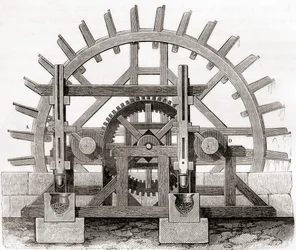 En pulvermølle og dens vandhjul, efter en tegning fra det 19. århundrede, fra Les Merveilles de la Science, udgivet ca. 1870 (gravering)