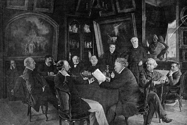 En oplæsning i komedie-francaise (Comedie francaise): alexandre Dumas søn læser en af sine komedier for udvalget.