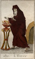 En fremstilling af vintersæsonen som en gammel mand, der genopvarmer sig selv ved et bål. (Vinteren repræsenteret som en gammel mand, der forsøger at varme sig op ved et bål). Fra "Mythology of Youth" af Pierre Blanchard 1803.