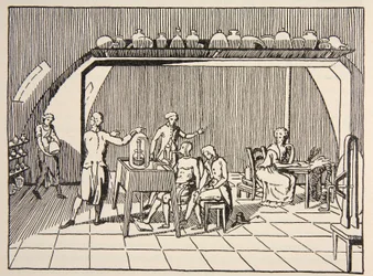 Et respirationseksperiment i Lavoisiers laboratorium, kopi af Boris Mestchersky (d.1957) illustration fra Histoire de la Nation Francaise, Sciences, bind I & II, af Gabriel Hanotaux (1853-1944)