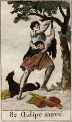 En hyrde redder Ødipus som barn, forladt af sine forældre på grund af presset fra Pythias orakel (Ødipus forladt af sine forældre på grund af Pythias orakel bliver reddet af en hyrde). Fra "Mythology of Youth" af Pierre Blanchard 1
