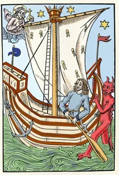 Et skib blandt havets farer. En dæmon har grebet stævnen, mens Gud manifesterer sig til venstre. Kobberstik fra "Hyrdernes store kalender og kompost", Troyes 1491