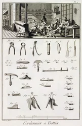 En sko- og støvlemager og deres værktøjer, fra Encyclopedie des Sciences et Metiers af Denis Diderot (1713-84) udgivet ca. 1770