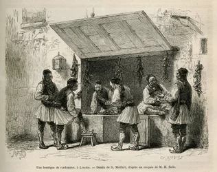 En skomagerbutik og hans kundekreds i Livadie, tegning af D. Maillard, for at illustrere historien om Henri Belle: Voyage en Greece
