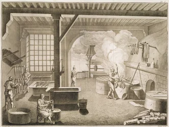 Et silkefarverværksted fra Encyclopedie des Sciences et Metiers af Denis Diderot (1713-84) udgivet ca. 1770