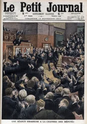 Et stormfuldt møde i Deputeretkammeret - Premierminister Aristide Briand anklager socialisternes leder, Jean Jaurès, for lovbrud - Illustration fra »Le Petit Journal«, illustreret tillæg
