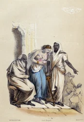 En hvid kvinde, der ammer sit barn, straffes i Afghanistan; illustration om Afghanistan i »De tolv nationer« af M. E. Fouinet.