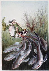 En kvinde og en dreng på en tank ledet af hajer - i "Rejsen til havets bund" af H. de la Blanchère. Paris, red. Jouvet et Cie, sd. 1880. (dobbelt 02946)