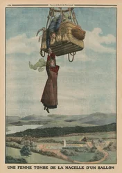En kvinde falder ned fra en ballons gondol, bagsideillustration fra 