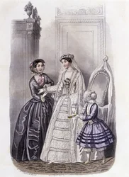 En kvinde i brudekjole omgivet af en pige og en dame - i "Journal des Demoiselles"" 1852.