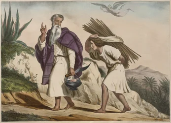 Abraham tog Isak til Moria-bjerget, illustration fra en katekismus LHistoire Sainte, udgivet af Charles Delagrave, Paris