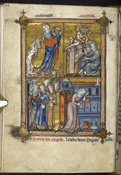 Tilføje. 54180, f. 136v, Miniature med engle i pilgrimsdragt, fra 