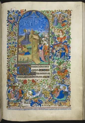 Tilføj Ms 18850 f.208r, Hours of the Passion: Agony in the Garden, med yderligere scener i kanten, fra Book of Hours (The Bedford Hours) c.1410-30 (blæk, farve og guld på vellum)