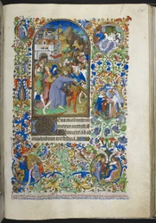 Tilføj Ms 18850 f.235r, Hours of the Passion [Sext], Kristus bærer korset, fra Book of Hours (The Bedford Hours) c.1410-30 (blæk, farve og guld på vellum)
