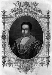 Adelaide af Bourgogne (931-999), enke af Lothaire (greve af Paris og hertug af Frankrig) og anden hustru til Othon I den Store. Indgravering i "Histoire des Papes-Rois-Queen and Empereurs a travers les centuries"" af Maurice Lachatre