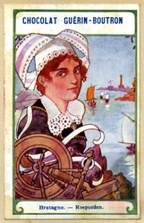 Reklame kromolitografi af chokolade Guerin Boutron, hovedbeklædninger af de franske regioner, Bretagne, rosporden, illustration Emile Jammes (kromolitografi)