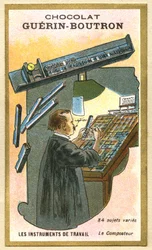 Reklamekromolitografi af chokolade Guerin Boutron, arbejdsinstrumenter, 84 forskellige emner, komposteren