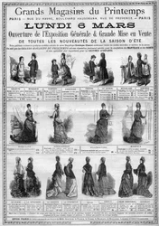 Annoncering for åbningen af den generelle udstilling og salg af sommersæsonens nytilkomne (sommerkollektion) i Printemps stormagasiner i Paris. Gravering i "" L
