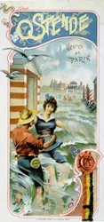 Annoncering for at komme til Oostende (Belgien) fra Paris: Oostende: 5 timer fra Paris, ca. 1900 (kromolitografi)