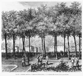 Annonce, der forestiller en arbejderkoloni, illustration fra Le Monde Illustre, 1876