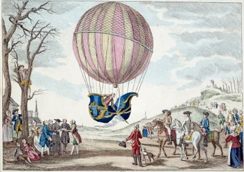 Aerostat: det andet forsøg på at flyve på en ballon. Charles og Roberts bestigning af brintgasballonen på Prairie de Nesle, nær Paris den 1.12.1783. Anonymt tryk fra det 18. århundrede. Paris, dekorativ kunst