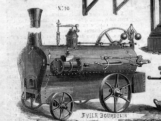 Landbrugsmaskine: et lokomobil præsenteret ved landbrugskonkurrencen i Paris i 1860. Indgravering i "" Le Monde Illustré"" nr. 169 af 7. juli 1860.