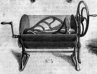 Landbrugsmaskine: en mekanisk petrin til brødfremstilling præsenteret på landbrugsudstillingen i 1860 i Paris. Indgravering i "" Le Monde Illustré"" nr. 168 af 30. juni