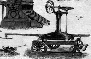 Landbrugsmaskine: en bærbar manege præsenteret ved landbrugskonkurrencen i Paris i 1860. Indgravering i "" Le Monde Illustré"" nr. 169 af 7. juli 1860.