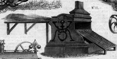 Landbrugsmaskine: en tærskemaskine præsenteret ved landbrugskonkurrencen i Paris i 1860. Indgravering i "" Le Monde Illustré"" nr. 169 af 7. juli 1860.